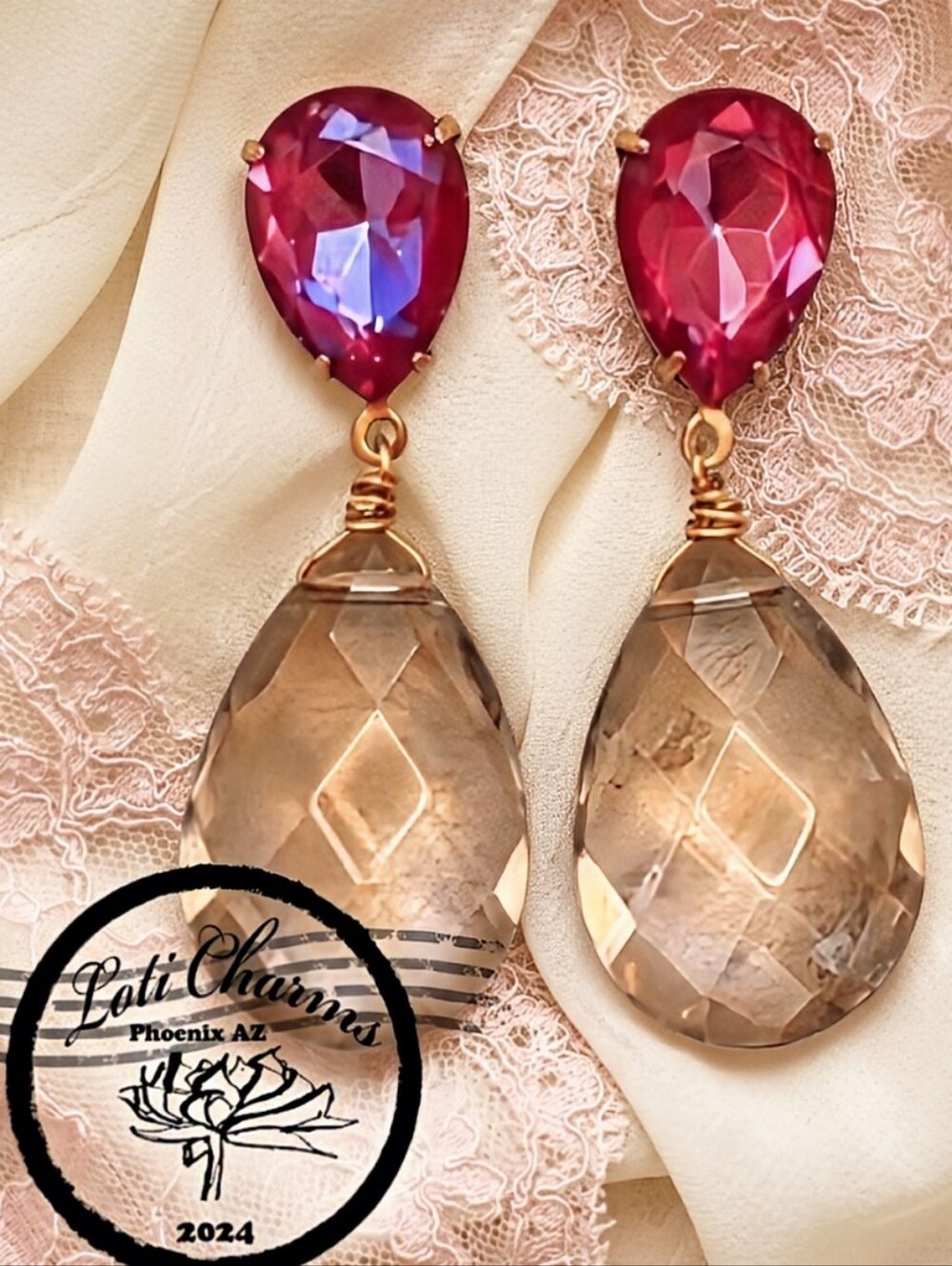 Pink Rose Crystal In Large Statement Gold Plated Earrings